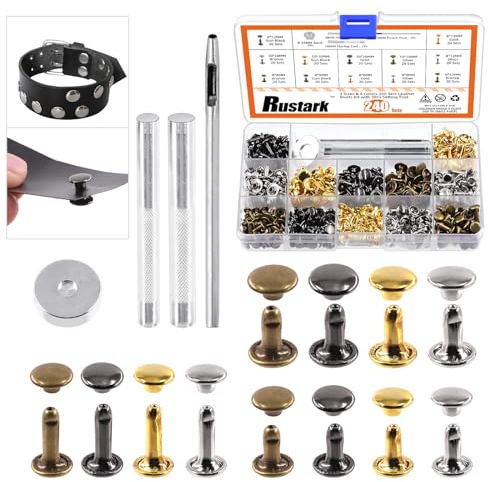 Rustark 240 Sets Leather Rivets Kit 3 Sizes 4 Colors Double Cap Rivet Tubular Metal Studs with Setting Tools Kit for DIY Leather Craft (8x8mm, 8x12mm, 10x10mm)