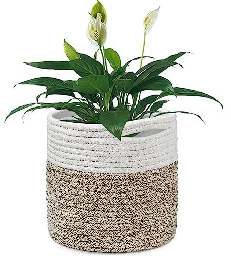 Tenn Well Maceta de 20 cm para plantas con inserción, cesta de almacenamiento tejida de algodón, macetas grandes para plantas de interior, maceta, organizador de lavandería y decoración del hogar