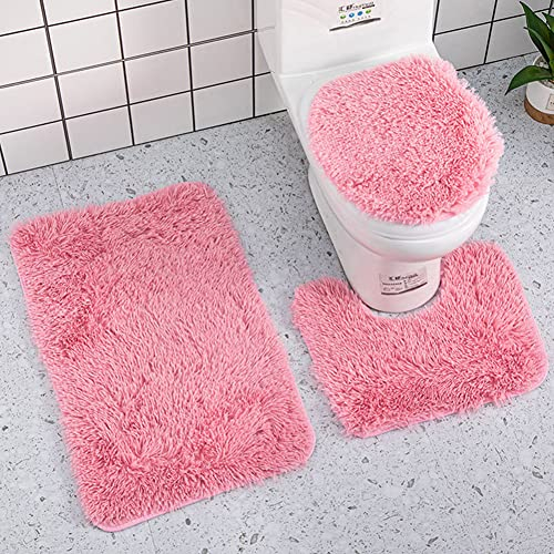 Reyox Badvorleger Set 3 Teilig, Weiche Hochflor Badematte rutschfest, Mikrofaser Flauschig Badteppich für Toilett WC Badezimmer Rosa 3 STK
