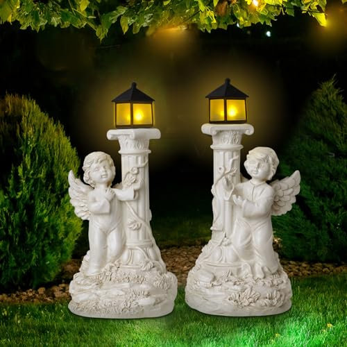 JUMRHFAN Angel Garden Ornaments Statue, Solar Fairy Garden Figurines Gifts for Mom Grandma, Angel Resin Statue Solar Powered Light Up Ornament for Lawn Patios Deocr (Style 1)