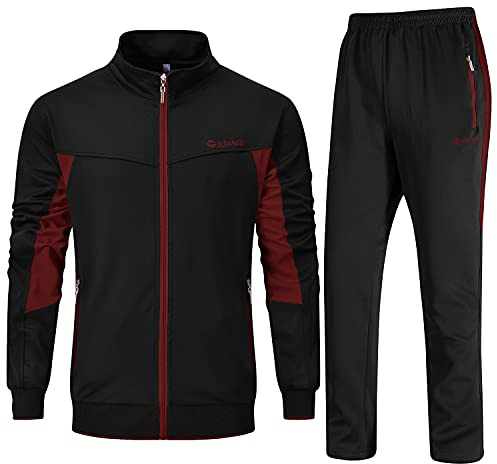 Rdruko Mens Sports Tracksuit Set Open Hem,Joggers for Men,Running Gear Men,Lounge Wear Mens Wine Red and Black M