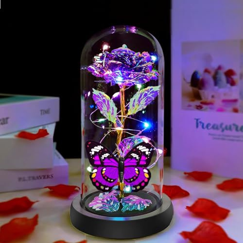 Mothers Day Rose Gifts for Mom, Birthday Gift for Women, Galaxy Crystal Light Up Rose Flowers in A Glass Dome with Butterfly, Mother Day Flowers Gifts for Wife Daughter Grandma Sister Presents Purple