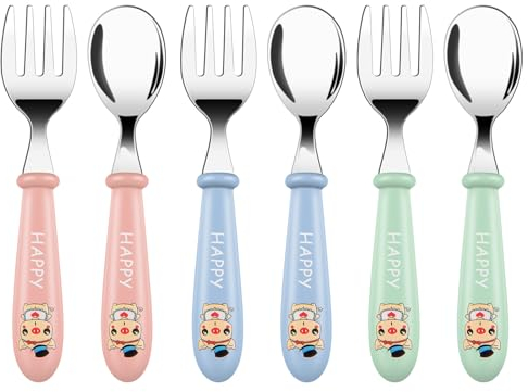 Vicloon Baby Gabel und Löffel Set,6-teiliges Babylöffel Gabel, Edelstahl Löffel, Selbsternährende Lernutensilien, Kinder Baby Edelstahl Geschenk