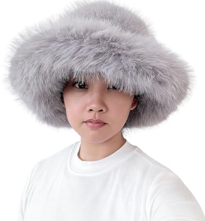 Lina & Lily Oversized Winter Faux Fur Bucket Hat for Women - Long Pile Fur Wide Moldable Brim (Light Gray)