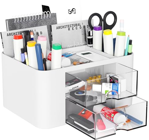 Senders Desk Organiser with 2 Drawers Desk Tidy Organiser with Pen Holder Desktop Stationary Organiser for School Office Home Makeup Desk Supplies Practical and Stylish Storage Solution (White)