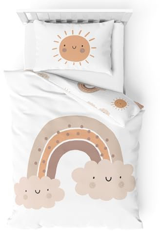 Kinderbettwäsche Biber/Flanell · Baby-Bettwäsche Little Sunrise weich & kuschelig für Mädchen und Jungen · 100% Baumwolle · Sonne, Wolke & Regenbogen · Bettbezug 100x135 + Kissenbezug 40x60 cm