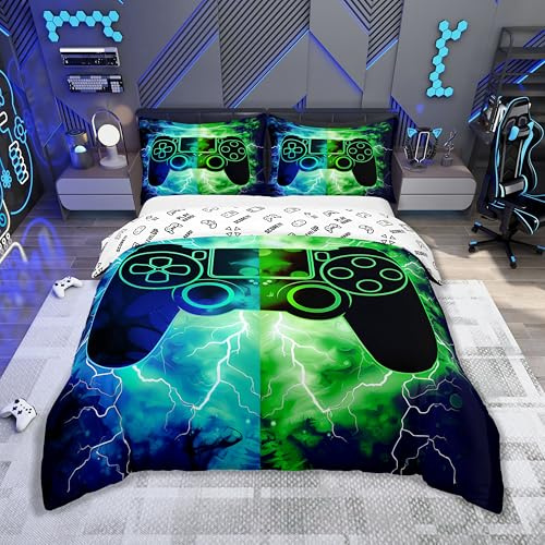 Loussiesd Gamer Gaming 100% Baumwolle Bettwäsche Set 155x220cm Blitze Gamepad Betten für Spielkonsole Betten Grün Blau Modern Bettwäsche-Set
