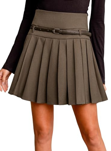 CUPSHE Fall/Winter Pleated Mini Skirt, College Style Bell Skirt with Fine Waist Belt, Women's Short Skirt, brown, S