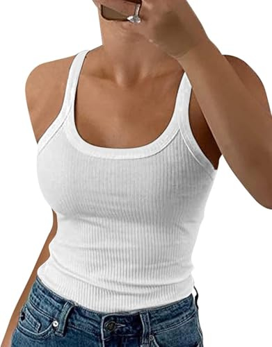 DUOEASE Canottiera Donna Bianco Estiva 2025 a Coste Elasticità Top Donna Casual Girocollo Spaghetti -XS
