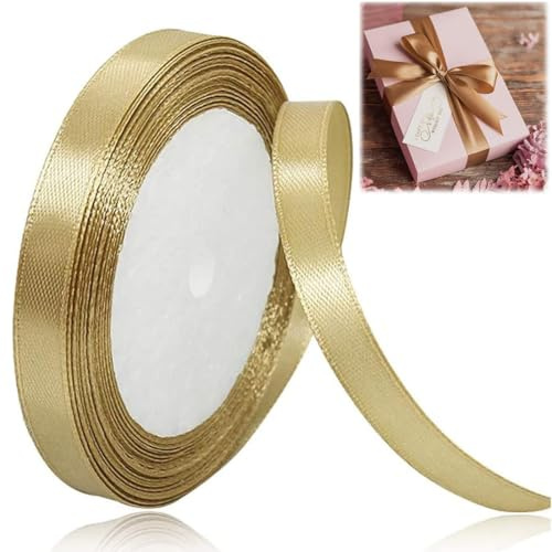 RVYEIOP Cinta de Regalo Dorada, Raso, 10 mm, 22 metros, Ideal para Bodas y Regalos de San Valentín