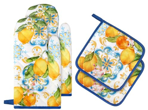 Arquiel Guante De Horno Agarraderas 4PCS, 100% AlgodóN Guante De Cocina Resistente Al Calo Grueso Seguro para Cocinar, Hacer Barbacoas Microondas Y para La Chimenea Regalo(Verano Limón)