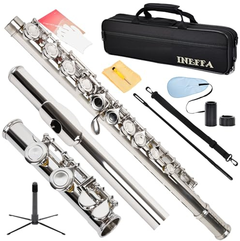 Professional Nickel Plated C Flute for Beginners and All Levels, 16 Key Closed Hole with Ergonomic Design, Includes Carrying Case, Gloves, Cleaning Cloth, Tuning Rod, INEFFA