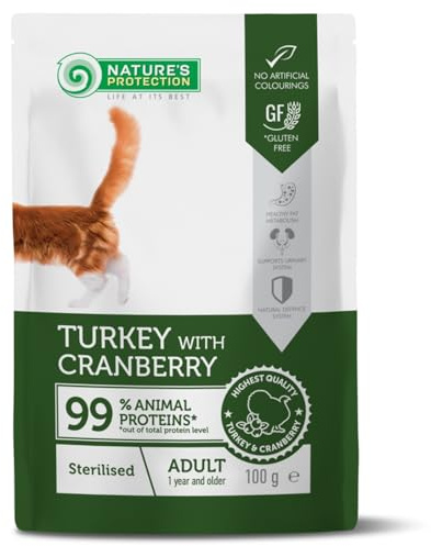 Nature's Protection Våtfoder för steriliserade katter – spannmålsfri katt våt mat med kalkon och tranbär – sockerfritt kattfoder i sås för urinvägar, vikt och matsmältning (22 x 100 g)