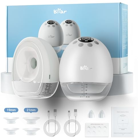 Bear Breast Pump Hands Free, Wearable Breastfeeding Pumps Strong Suction Low Noise, 4 Modes& 9 Levels Electric Breast Pump Portable, 19/21/24mm Insert Flange, 2 Packs, White