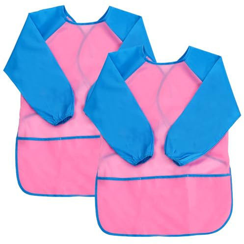 XIEJINJIA 2 Pack Kids Art Smock with Long Sleeve 3 Roomy Pockets Artist Children Aprons for Age 3-8 Cooking Painting Craft (Pink)