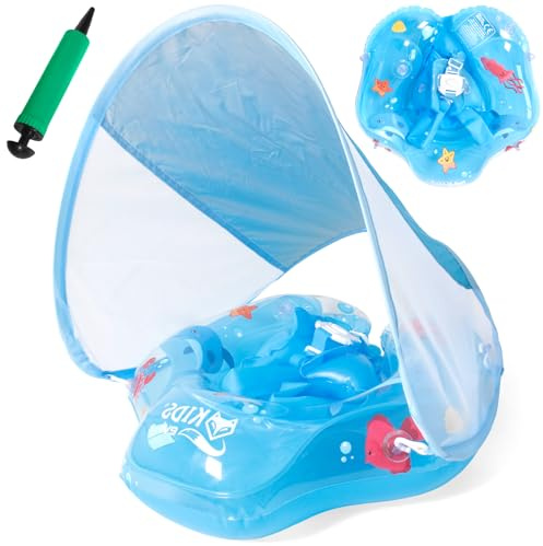 PQETBV Flotador de Bebe Inflable para 3-36 Meses, Flotador Bebe con Sombrilla y Asiento de Seguridad, Banda de Natación para Bebés, Protección UV UPF 50+, Adecuado Bebe para 5-15 KG(Azul)