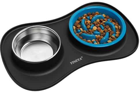 Slow Feeder Dog Bowls Stainless Steel Food and Water Bowl Set 3 in 1 No Spill Waterproof Silicone Pet Food Mat Puppy Feeding Station for Large Medium Small Breed Anti Choking Non Slip Metal Dish Tray