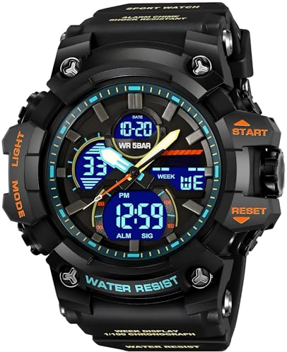 findtime Orologio militare da uomo, robusto, per attività all'aperto, analogico, con allarme doppio, 12/24H, data settimanale, cronometro bianco, Nero , cinghia
