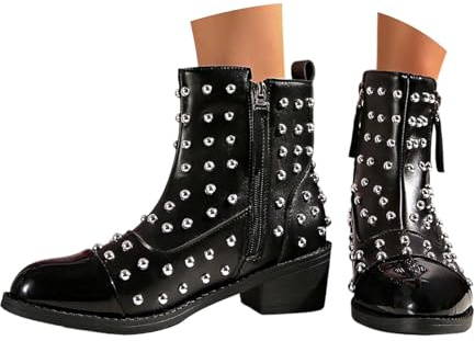 2026 Botines para mujer con cremallera lateral, tacón grueso, estilo punk rock bajo, tachuelas, diseño casual, cómodo y duradero, ideal para cualquier atuendo versátil., Negro , 37 EU