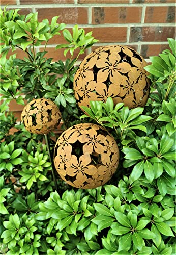 Jürgen Bocker Gartenambiente 3er Set Rosenkugel Flower mit Stab 80 cm Cortenstahl (20/15/10 cm)