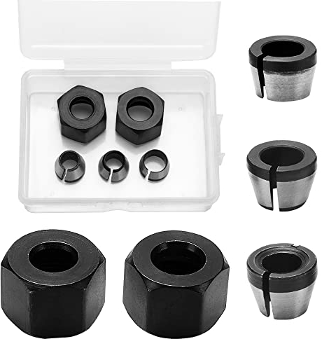 VooGenzek 3 Pieces Router Collet Chuck, 6mm 6.35mm 8mm Steel Router Collet with 2 Screw Nut, for Woodworking Trimming Engraving Machine