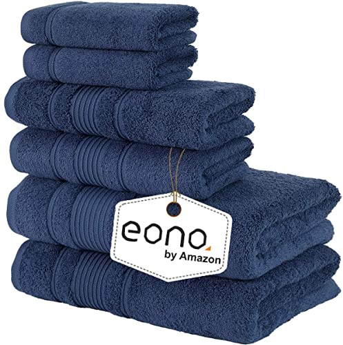 Eono Amazon 2 große Badetücher, 2 große Handtücher, 2 Waschlappen, superweiche ägyptische Baumwolle, 6-teiliges Premium-Handtuch-Set für Hotel & Spa, Badezimmer, Küche, Dusche – Navy blau
