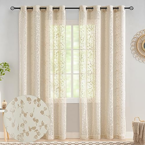 Treatmentex Beige Halbtransparente Spitze Vorhang Moderne Stickerei Gardinen mit Ösen Häkeln Stricken Vorhang mit Blattmuster für Wohnzimmer Bauernhaus Schlafzimmer 2 Stücke,B140×H225cm