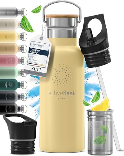 Botella de Agua Térmica ACTIVE FLASK + Pajita (3 Tapones) sin BPA - 1l & 500ml | Frasco Termo de Acero Inoxidable + Aislamiento Vacío | Cantimplora Aislada Bicicleta Deporte Caliente Fría Café Té
