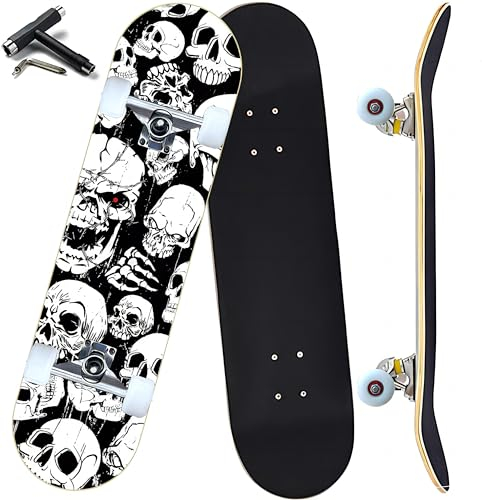 ANYFUN Pro Skateboards für Anfänger, Mädchen, Jungen, Kinder, Jugendliche, Erwachsene, 78,7 x 20,3 cm, 7 Schichten, kanadischer Ahorn, Doppel-Kick-Deck, konkaves Longboard (Totenkopf)