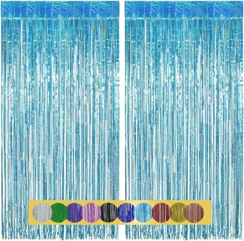 Montegoni 2 Pezzi 1x2.5m Azzurro Tende Metalliche Feste con Frange Scintillanti, Decorazione Lamina Glitter per Capodanno, Compleanno, Baby Shower, Festa di Nozze | Frange di Lamina per Decorazione
