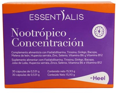 Essentialis Nootrópico Concentración – Tirosina, Ginkgo, Bacopa, Melena de león, Huperzia, Zinc, Selenio, Vitaminas B6 y B12 – Memoria y concentración – 30 cápsulas veganas