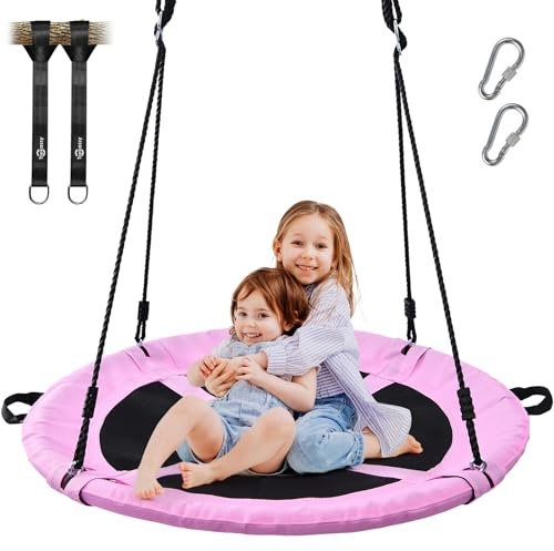 Trekassy 700lb 40 Saucer Tree Swing for Kids Adults Outdoor Textilene with 2pcs Tree Hanging Straps-Pink