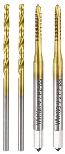 QUARKZMAN Juego de Machos Y Barrenas 2 Piezas M2 x 0.4 Titanio Recubiertos Espiral Punto Roscar Machos Y 2 Piezas Barrenas 1.6mm Recubiertas de Titanio