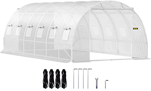 VEVOR Serre Tunnel Jardin 6,1x3x2,1 m Tente Abri Plantes Cadre en Acier Galvanisé Couverture Étanche PE 3 Poutres Supérieures 4 Poteaux Diagonaux 2 Portes 12 Fenêtres pour Cultiver Légume Fleurs Blanc