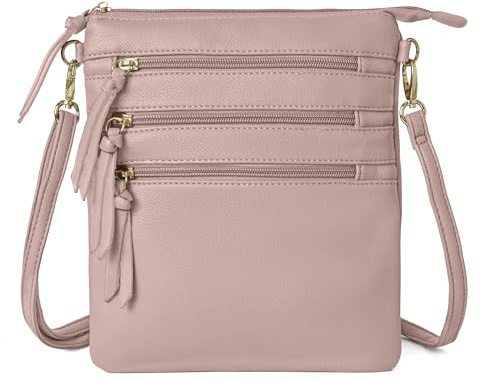 Woodland Leathers Bolso cruzado de piel sintética para mujer, elegante y versátil, con múltiples bolsillos de mensajero y herrajes dorados, rosa claro, Small