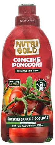 NutriGold® concime Pomodori | Fertilizzante per Tutte le Varietà di Pomodoro - Ricco di Azoto, Fosforo e Potassio 100% Naturale - Nutrienti di 1^ Scelta a Km 0 - Formato Liquido da 700g + 50g Omaggio