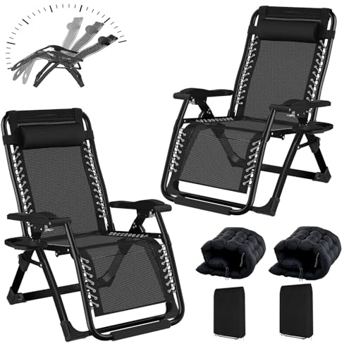 BYYBOU Tumbona Jardin Exterior Plegable, Espreguiçadeira Piscina Silla Gravedad Cero Jardin Plegables 200KG, Amaca Playa Plegable con Cojines y Fundas Hamacas Jardín Tumbonas para Terraza Negro-72cm