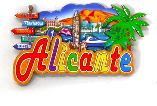 Imán Decorativo de Alicante para Nevera, Diseño Colorido con Palmeras y Monumentos, Souvenir de España. Altea, Santapola, Benidorm,Calpe, España, español