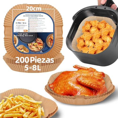 HONYAO Airfryer Bakplåtspapper, 20x20cm non-stick-engångsbruk Papper Liner för Luftsfritös 5-8 L, 200 stycken Fyrkant Pergamentpapper Bakpapper Tillbehör för COSORI,Philips,Cecotec Air Fryer