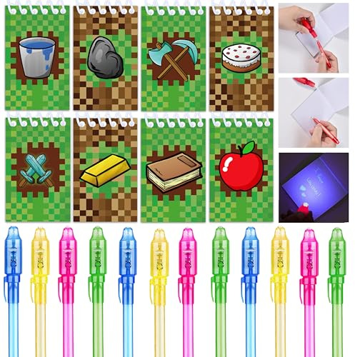 Junyaoii 24 Stück Pixel themed Partei begünstigt, 12 uv Stift und 12 cartoon Pixel Partei Mini Notizbücher, Kindergeburtstag Gastgeschenke, Adventskalender & Kleine Kinder Geschenke