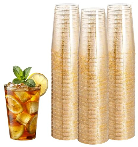 GOMETY Set med 50 stycken återanvändbara plastmuggar i hårdplast, 300 ml, premium plastmuggar med gyllene paljetter för fest, bröllop, födelsedag