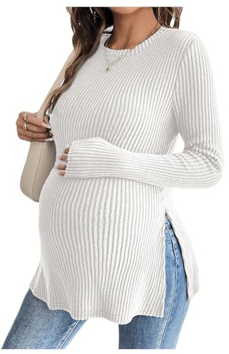 GORGLITTER Women's Maternity Rib Knit Side Split Crewneck T Shirts Long Sleeve Slim Fit Casual Pregnancy Tops White Large