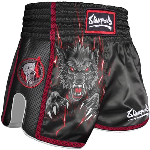 8 WEAPONS Muay Thai Shorts Beastial Wolf, Kinder Thaibox Shorts Satin, Schwarz-Rot, Kickboxhose für Kinder, Größe 8-10 Jahre, Atmungsaktiv, Langlebig, Kampfsporthose MMA, K1, Boxen, Thai Boxen