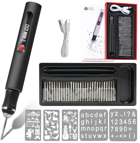 Pino de Grabado Eléctrico con 30 Bits Mini Bolígrafo Grabador, Herramienta de Grabado Portátil USB Carga Regulador de 3 Velocidades Hasta 25.000 U/min para Bricolaje Madera Vidrio Plástico, Negro