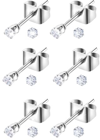 6 Pairs Silver Stud Earrings for Women 2mm Cubic Zirconia Stud Earrings Steel Round Ball Cartilage Earring Set for Men Women 20G CZ Studs Jewelry Set