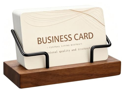 Kemay Professional Business Card Holder for Desk - Elegant Dark Brown Wood Base with Black Metal Frame, Large Capacity Desktop Business Card Display Stand for Office, Reception