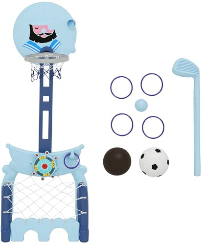 HOMCOM Canasta de Baloncesto con Soporte 4 en 1 Juego de Golf Balón de Fútbol con Altura Ajustable Centro de Actividades para Niños de +3 Años 58x56x154 cm Azul