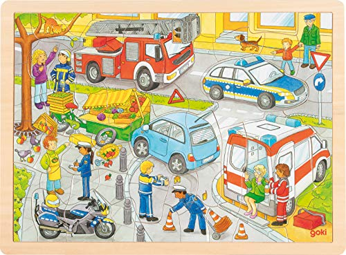 Puzzle aus Holz Einlegepuzzle Polizeieinsatz goki 56 Teile Holzpuzzle mit Palandi® Sticker