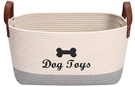 MOREZI Cesta grande para juguetes tejida con cuerda de algodón, cesta de almacenamiento de 42 x 27 x 17cm, adecuada para organizar juguetes y suministros para mascotas-Beige/Gris