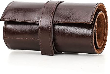 Contacts, Custodia per orologi e gioielli in vera pelle, cilindrica, protettiva, da viaggio, con cuscinetto cilindrico e morbido sacchetto e fodera (marrone lucido, per 6 orologi)